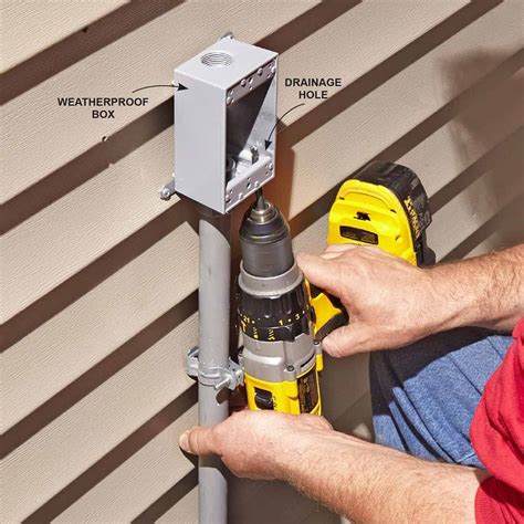 drilling hole exterior under electrical box|how to insert outdoor electrical box.